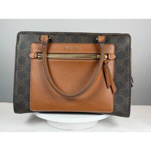 Nine West Brown Logo Print Satchel Tote Handbag w/ Front Zip Pocket